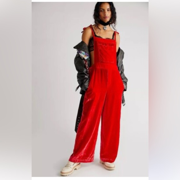 Free People Pants - Free People Bold Red Velvet Overalls